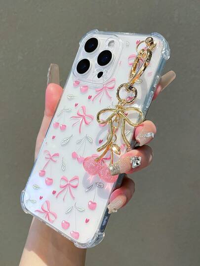 1 pieza Funda protectora de teléfono transparente de unicolor con lindo diseño de cereza y colgante de cereza, compatible con iPhone 17/17 Air/17 Pro/17 Pro Max/16/16 Pro/16 Plus/16 Pro Max/15/14/13/12/11/13, 14 Pro Max, 11 - Cubierta protectora suave de TPU que absorbe los golpes