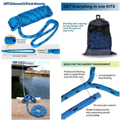 Double Braided Nylon Dock Lines Rope, 38 Inchx 15 FT Dock Line With 12 Inch Eyelet Mooring Boats, Blue And Black 4 Pack