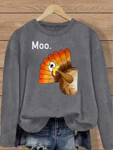 Thanksgiving Day Print Long Sleeve T-Shirt,Women'S Thanksgiving Turkey Graphic Long Sleeve T-Shirt - Soft Stretch Round Neck Casual Top With Autumn Colors & "Moo" Print, All-Season Layering Essential, Sizes S-XXL, Multi-Color Options-Spring And Autumn Tops - Space Gray - 查看 7