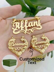 Bộ trang sức bằng thép không gỉ khắc tên theo yêu cầu, kích thước 3cm, bao gồm dây chuyền, vòng tay và bông tai, phù hợp cho nhiều dịp khác nhau, có hộp quà tặng, quà tặng cá nhân hóa. - phong cách 1 - Xem 1