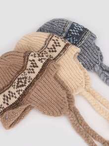 1 pieza Sombrero de piloto/cubo de mujer de punto jacquard bohemio con hilo grueso trenzado, orejeras acogedoras, de moda y versátil, casual y retro para otoño/invierno