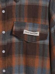 Plaid Print Pocket Button-Up Shirt With Faux Pocket Design, Random Fabric Panels