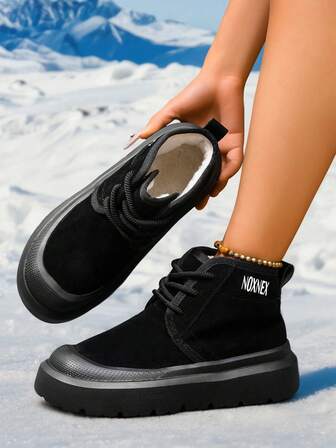 Women's Winter Snow Boots Fashion Thickened Thermal Lined Boots Women,Round Toe Leather Thick Soles Slip-On Non-Slip Wear-Resistant Waterproof Boots For Women, Lightweight Warm Platform Boots Outdoor Ankle Boots Short Boots Plus Size Black Boots Shoes Women