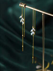 ELSEDES 1pc Fashionable & Elegant S925 Silver Leaf Shaped Sparkling Gemstone Long Tassel Dangle Earrings, Suitable For Daily And Party Wear - Gold - View 5