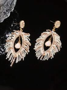 2pcs Rhinestone Oval Waterdrop Tassel Earrings, Boho Style Earrings Suitable For Holiday, Party, And Festive Occasions
