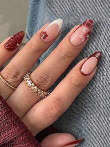 24 piezas de uñas postizas con forma de almendra en caja de regalo, patrón de cocodrilo rojo de otoño e invierno, flores tridimensionales en forma de abanico rojo, pegamento con bolas de acero dorado, adecuado para citas, reuniones, fiestas, salidas, bodas y otras ocasiones. Incluye 1 pieza de pegamento de gelatina y 1 lima