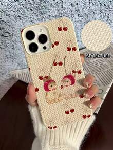 1pc New Simple & Stylish Cherry Bunny Pattern Woven Texture Waterproof Anti-Drop Anti-Slip Soft Silicone Phone Case Cover Compatible With IPhone - Multicolor - View 4