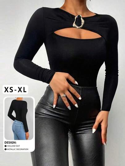 Elegante camiseta de manga larga con parte delantera calada y decoración metálica, nueva llegada para otoño, ropa de otoño para mujeres, blusas de manga larga