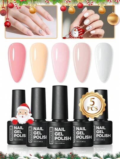 coscelia 5PCS Gel Nail Polish Christmas Set, Red Pink Green Gold Glitter Nails Gel Polish Semi-Permanent, Long Lasting For Women Christmas Manicure Gift At Home