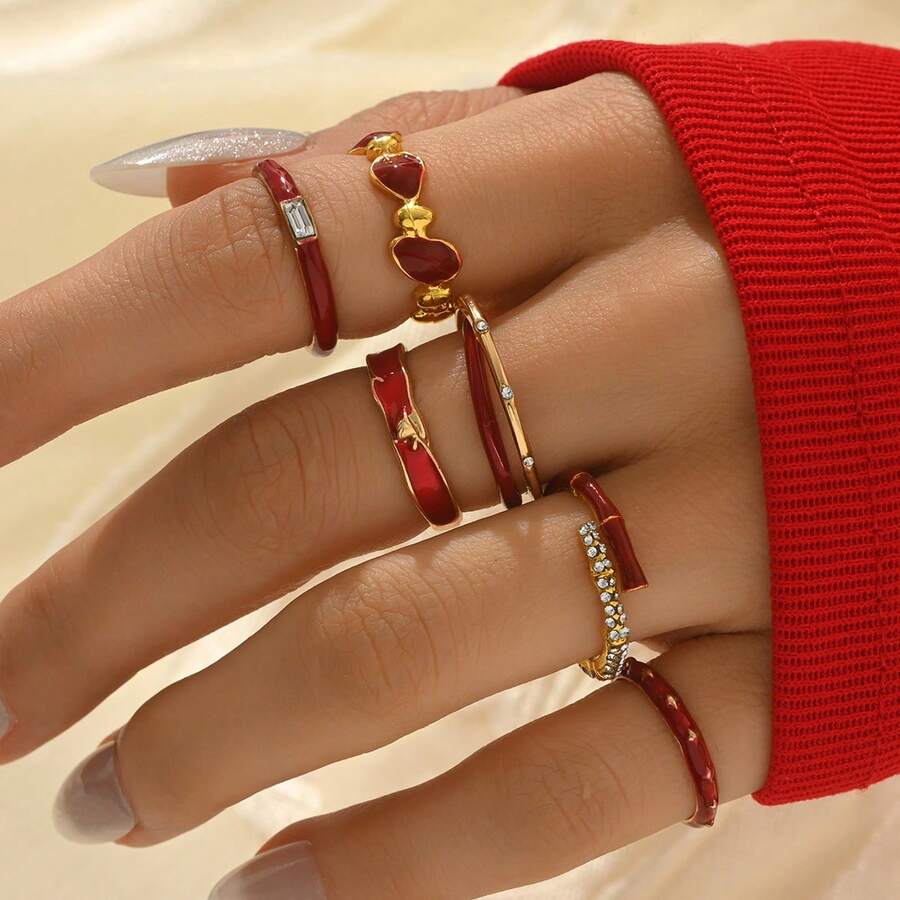 6pcs Red Glazed Open Ring, Luxury Niche High-End Vintage Finger Rings, Suitable For Stacking