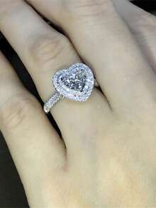 1 chiếc nhẫn hình trái tim lãng mạn đính đá Cubic Zirconia, quà tặng Ngày Valentine cho nữ, thích hợp cho đám cưới, lễ đính hôn, kỷ niệm, tiệc tùng và các dịp khác. - Bạc - Xem 2