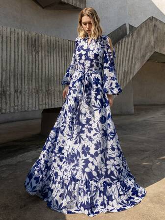 Faeriesty Elegant blommig chiffongklänning med hög halsringning, knytband fram och lösa puffärmar – Helt utsvängd kjol med volanger för elegant konstnärlig elegans, perfekt för trädgårdsfester, strandbröllop, sommarkvällar och utomhusbruncher