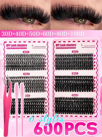600 Pcs Faux Mink Cluster Lash Extensions 8-16mm C Curl | Universal Fit For All Eye Shapes | DIY Kit With Brush & Tweezers | Beginner-Friendly | Washable For Daily/Party Wear