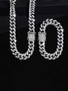 2 Pieces Exquisite Cuban Chain Necklace Bracelet Set, Unisex Hip-Hop Jewelry, Sparkling Christmas/Valentine's Day Gift
