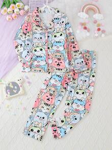 2件套 女童及青少年休闲卡通猫咪印花翻领长袖开衫和长裤睡衣套装，阻燃，四季皆宜