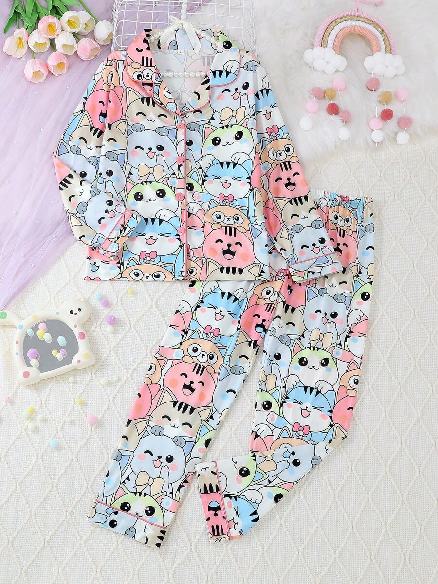 2件套 女童及青少年休闲卡通猫咪印花翻领长袖开衫和长裤睡衣套装，阻燃，四季皆宜