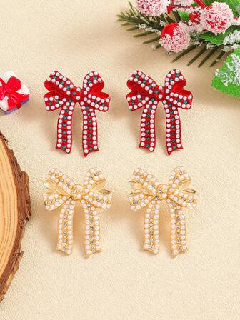 Pendientes de mariposa nuevos de Navidad 2025, con decoración de perlas rojas y doradas y rhinestones, accesorio de moda para fiestas navideñas y de vacaciones