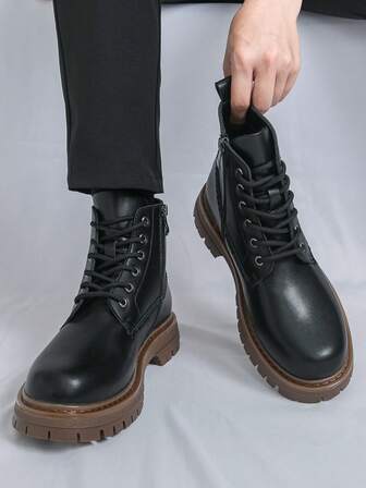 男士系带靴、纯色经典摩托车靴、时尚多功能橡胶底徒步靴、舒适德比靴、男士时尚婚宴/办公鞋