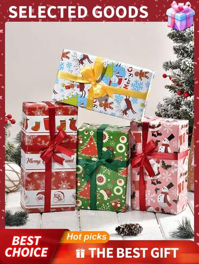8pcs Christmas Wrapping Fold Paper Set, 8 Holiday Designs, Single Sheet Size 27.56 Inches X 19.69 Inches Not Rolled Up,Santa Snowman Reindeer Pattern, 8 Mixed Color