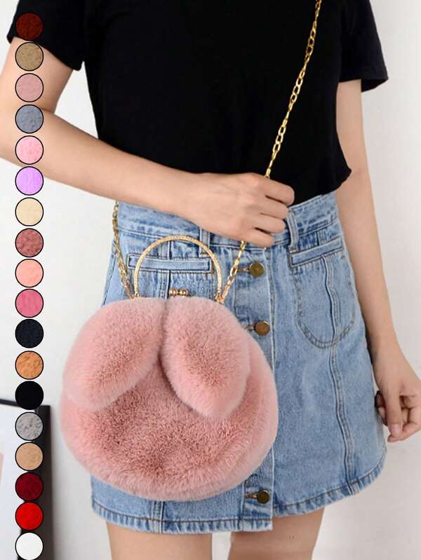 Bolsa de ombro peluda, bolsa transversal, bolsa feminina moderna de outono e inverno com fecho de orelha de coelho de pelúcia, bolsa de mão feminina pequena e macia.