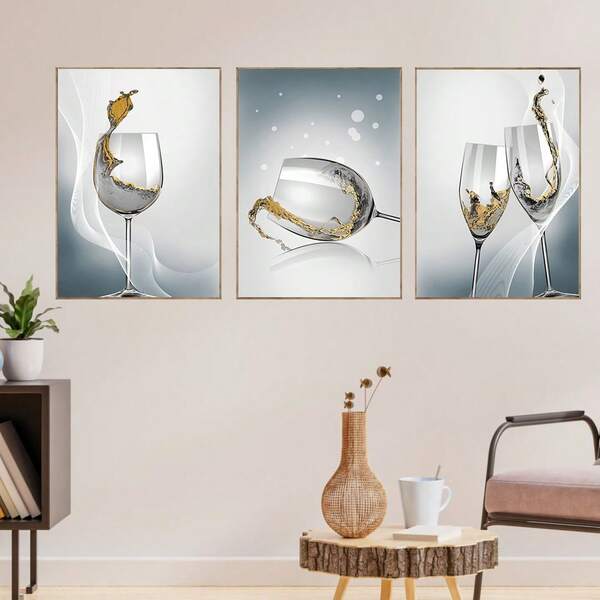 3pcs/Set Frameless Abstract Wine Glass Poster Set, Decorative Painting, Living Room, Bedroom, Kitchen, Office Wall Decor, Home Wall Art, Canvas Material Painting, No Frame
