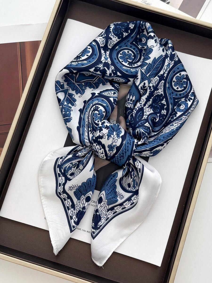 1条70*70厘米方形真丝围巾，女士缎面印花头巾，颈巾，发带，时尚女士披肩，围巾 - 藍白色大腰果 - 查看 1