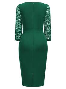 MIUSOL Woman's Elegant V-Neck Sequin Floral Lace Midi Dress, Ruched Waist, Contrast Ruffle Trim Wrap Hem 3/4 Sleeve Cocktail Party Fitted Dress, For Wedding - 墨綠色 - 查看 8