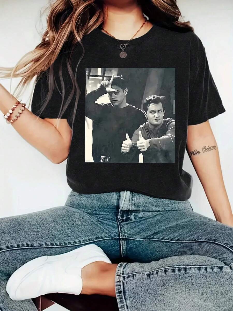 Chandler Bean's Friends TV Show Printed T-Shirt - Casual Crew Neck Short Sleeve Top - Women's Clothing. - 黑色3 - 查看 1