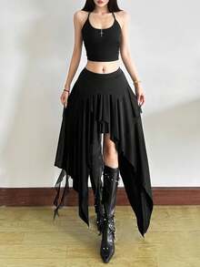 Top Dazzle 性感开叉不对称高腰修身半身裙 - 黑色 - 查看 8