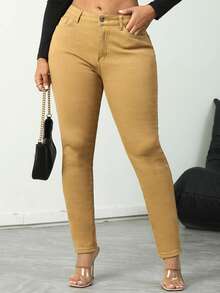 Women's Mid Waisted Skinny Jeans, Fleece Lined Stretch Denim Pants With Pockets, Thickened Warm Slim Fit Jeans For Women Elegant Style - 卡其色 - 查看 8