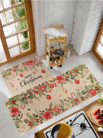 两件套圣诞厨房地垫，亚麻橡胶防滑厨房地垫，圣诞厨房地毯，圣诞装饰，粗麻布地毯，走廊地毯，圣诞老人和驯鹿图案防滑厨房地垫，可机洗，适用于地板，圣诞假日家居装饰厨房地毯，走廊，洗衣房，43厘米 x 76厘米 + 43厘米 x 119厘米（黑色）