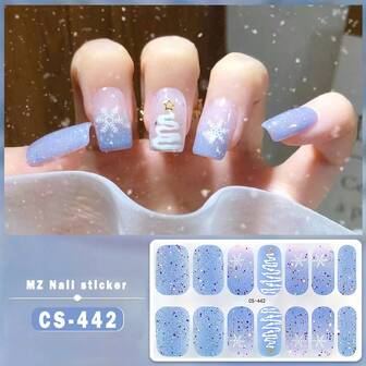 1pc Christmas Style Light Blue Nail Polish Stickers, Full Nail Stickers, Christmas Tree & Snowflake Nail Art For Women, Glitter Full Nail Art Stickers - Self-Adhesive Nail Stickers - Easy To Use And Long-Lasting Nail Art Strips, DIY Manicure, Suitable For Daily Wear, Ideal Girlfriend/Women Gift, Suitable For Christmas