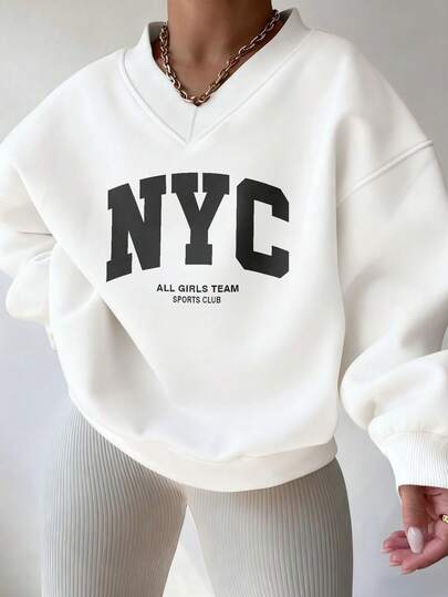 Sudadera deportiva blanca de uso diario para mujer en otoño e invierno, de estilo casual y de moda, con cuello en V, manga larga y estampado de letras en inglés