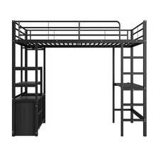 Hochbett 90x200 cm in Schwarz | Mit Schreibtisch, Steckdose+USB & Regalen | Offener Lagerschrank & Sicherheitsgeländer | Eisenrahmen ohne Matratze