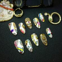 10pcs Press On Nails Handmade Acrylic Material Luxury Vintage French Style Gold Abstract Art Design Nude White Beige Color Almond Press On Nail Set 3D Face Sculpture Colorful Dot Details Full Coverage Reusable False Nails Cute Nail Art Suitable For Valentine's Day Gifts Easter Party Daily Wear Art Events - trắng - Xem 2