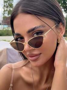 1副欧美风镂空猫眼金属时尚眼镜，街头风女款 - 金框全茶片 - 查看 5