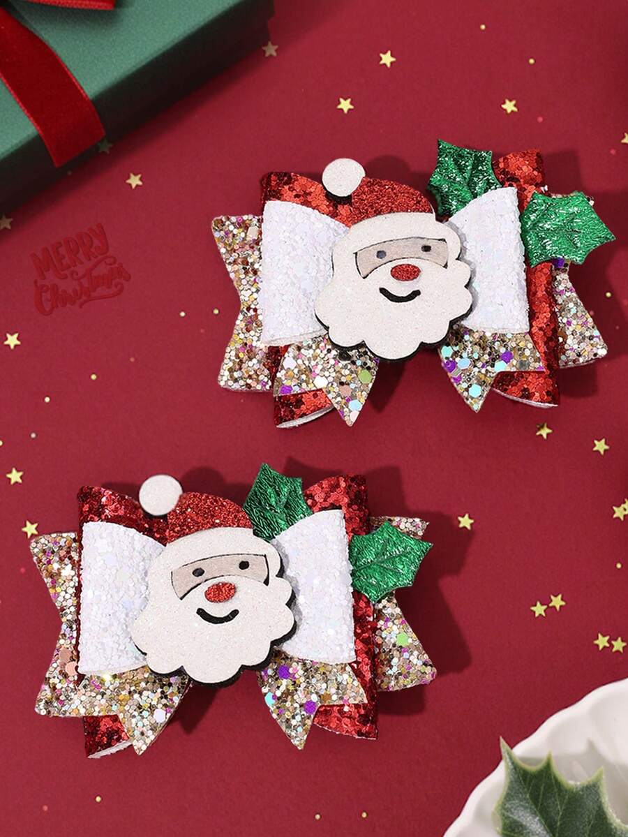 2 pezzi Fiocchi per capelli a forma di Babbo Natale carini per bambine, fermagli per capelli con glitter scintillanti per bambini e bambine, accessori per capelli di Natale alla moda con mollette a coccodrillo, decorazioni per capelli per feste natalizie e Capodanno