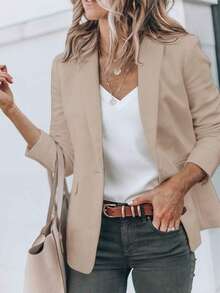 Fnortc Elegant Casual Women's Lightweight Blazer With Collar Long Sleeves And Button Detail Plain Woven Fabric Regular Fit - 卡其色 - 查看 2