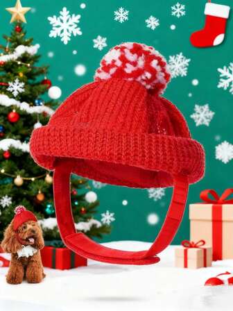 宠物圣诞红帽保暖针织羊毛圣诞老人带耳孔适用于猫狗小狗宠物帽猫帽宠物圣诞帽