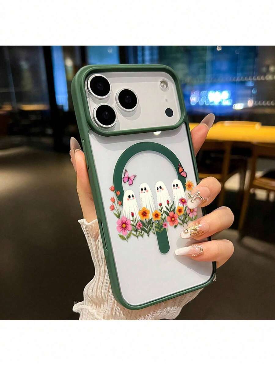 Flower-Ghost-Design Phone Case For IPhone 17 Pro Max, Compatible With Air 16, 16E, 15 Plus, 14, 13, 12, 11, XS Max, XR, And X Plus. This Shockproof, Durable Protective Case Is Transparent With Vibrant Colors, Making It Perfect As A Gift And Suitable For IPhone Cases. - Green - View 1