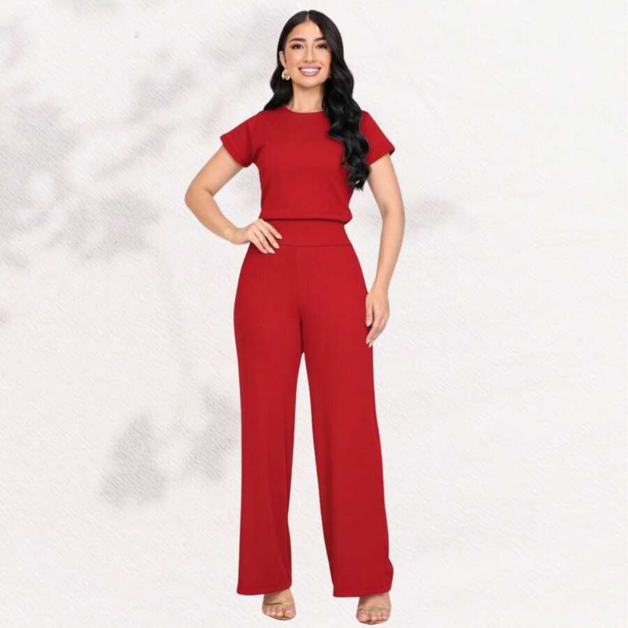 Women's Set Loose Pants Short Sleeve Blouse Elegant Casual Elegant Party Office Work Pantaloons - Đỏ - Xem 1