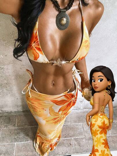 Conjunto de 3 piezas de traje de baño para mujer, bikini sexy con estampado de flor de loto degradado, elegante vestido de playa vintage, conjunto de fiesta de Navidad para mujer, regalo para ella, atuendo para el Día de San Valentín y vacaciones