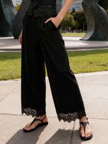 Womens Spring Fall Pants Lace Trim Casual Loose Fit Stylish Solid Color Mid Rise Straight-Leg Trousers - Black - View 4
