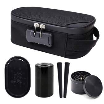 Presentset - Lukttät påse, innehåller 2 rökrör, askkopp i metall, kvarn med 4 lager, vakuumförvaringsburk, lukttät påse med lösenordslås, 3 färgalternativ, lämplig för fester, sammankomster och dagligt bruk, utmärkt present till alla hjärtans dag