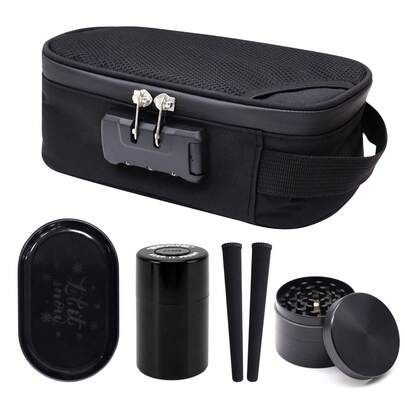 礼盒套装 - 防臭袋，包含2个烟管、金属烟灰缸、4层研磨器、真空储物罐、带密码锁的防臭袋，3种颜色可选，适合派对、聚会和日常使用，情人节佳礼。