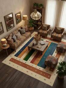 1PC Machine Washable Large - Size Bohemian Multicolored Striped Pattern Area Mat Rug Indoor Living Room Decorative Rug With Artistic Retro Multicolored Striped Pattern Design Durable Easy Clean Floor Mat For Home Decoration Kitchen Rug