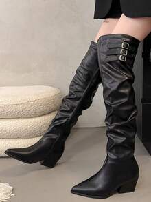 Fall/Winter European & American Style Pointed Toe Ruched Thigh High Boots, Women Glossy Leather Over-The-Knee Boots With Chunky Heels - Black - View 8
