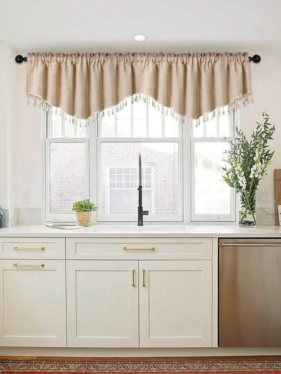 1pc Beige V-Shaped Tassel Curtain, Farmhouse Style Faux Linen Material Short Valance, Room Divider Suitable For Living Room, Bedroom, Window And Door Decor
