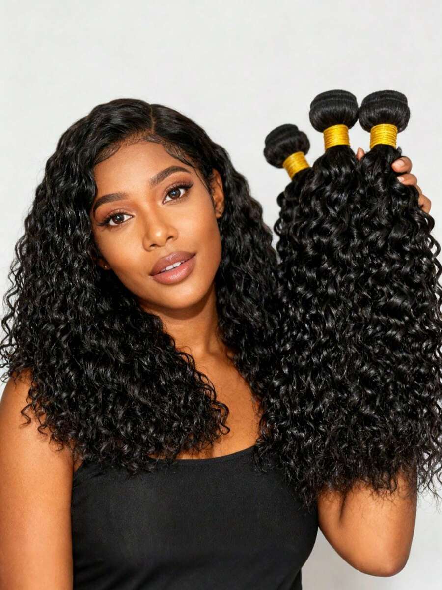 Remy Echthaar Lockiges Haar Bündel #1B Naturschwarz Doppelter Eintrag Anti-Frizz Nicht-Ausfall Für Frauen Weihnachtsgeschenk Silvester Party Perücke Urlaubsperücke Festlicher Stil