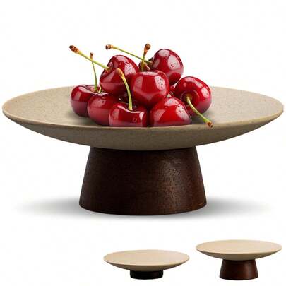 1pc Ceramic Fruit Bowl With Walnut Wood Base, Ceramic Chinese Style Decorative Bowl For Kitchen Counter, Large Decorative Bowl For Fruits/Snacks/Dessert/Sweets/Pastries Holder For Dining Table, Home Kitchen Decorative